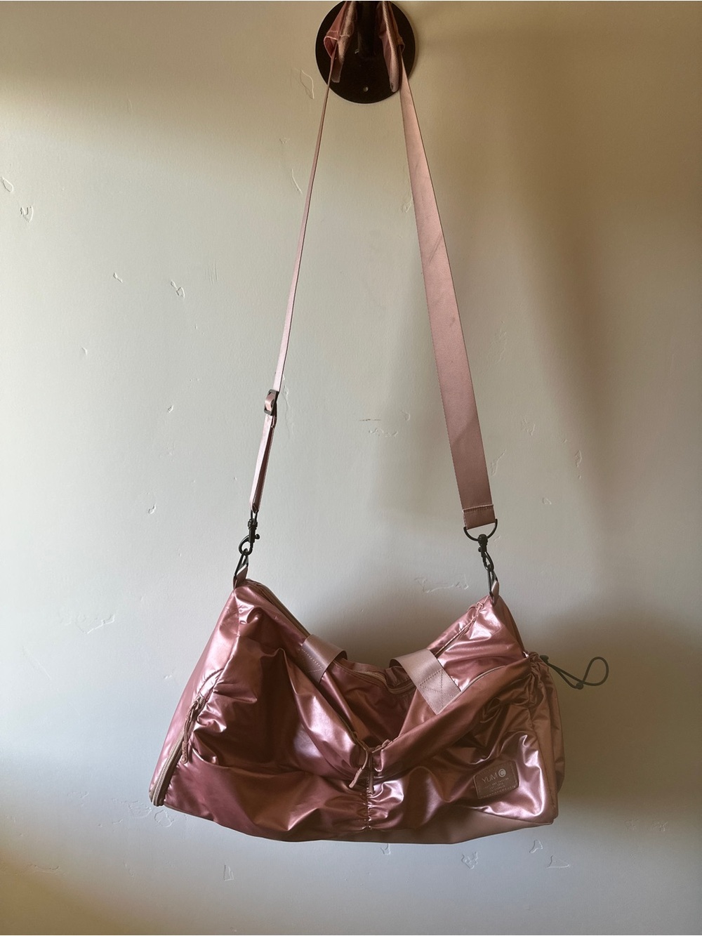 Metallic Rose Pink Travel Duffel Bag with Adjustable Strap